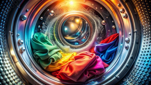 A tangled mess of colorful clothes and sudsy water swirls around a central agitator in a modern laundry machine interior.