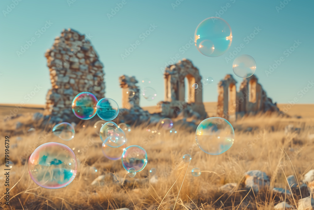 Fototapeta premium Soap bubbles floating through ancient ruins