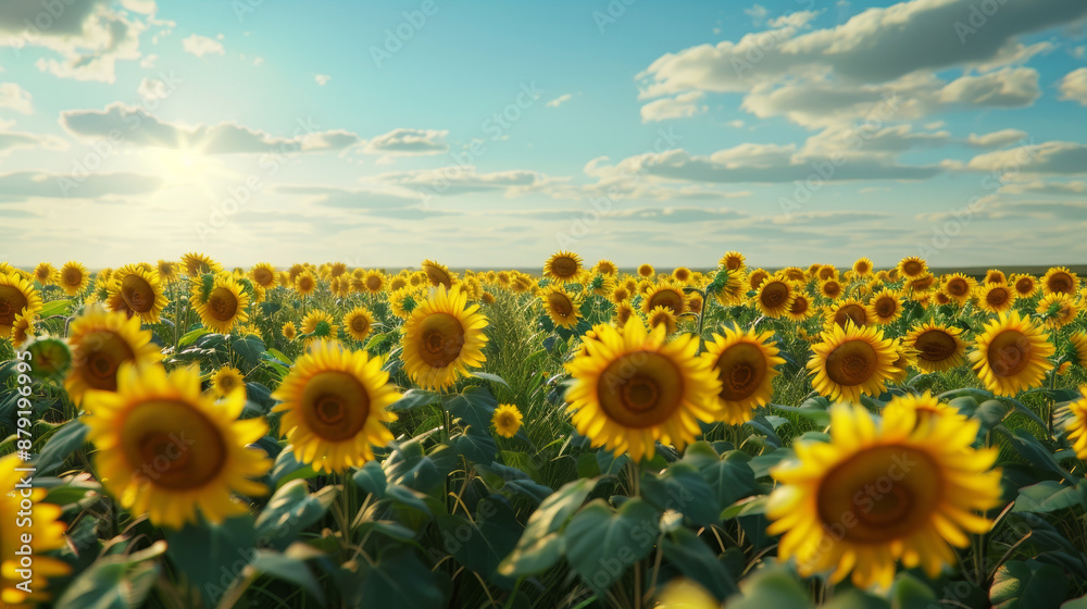 Obraz premium Golden sunflower field with vibrant flowers under a sunny sky