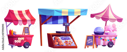 Street food market shops and stalls with hot dog, fresh fish and seafood, sweet cotton candy. Cartoon vector illustration set of outdoor and city park stand booth and kiosk or local marketplace.