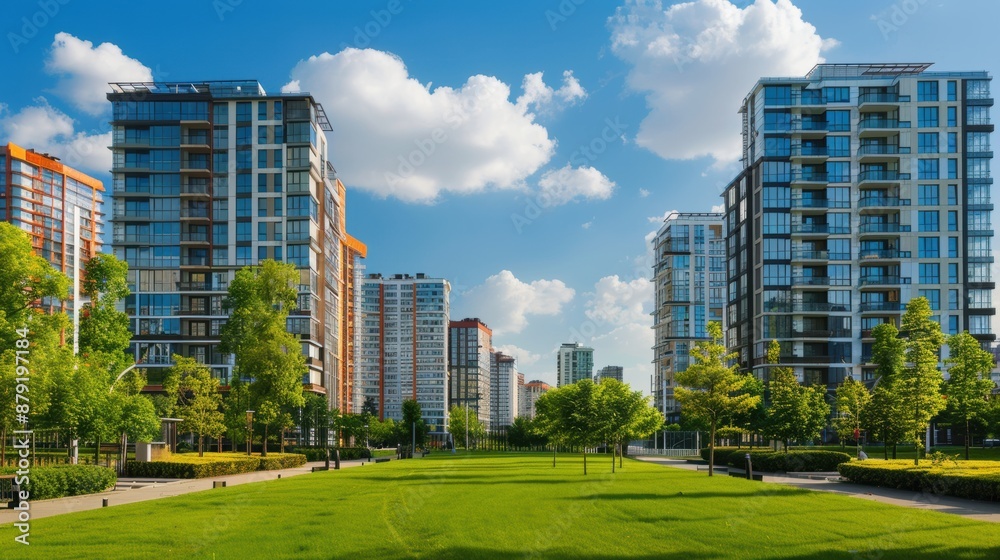 Cityscape of a green urban residential area with modern apartment buildings Cityscape of a green urban residential area with modern apartment buildings