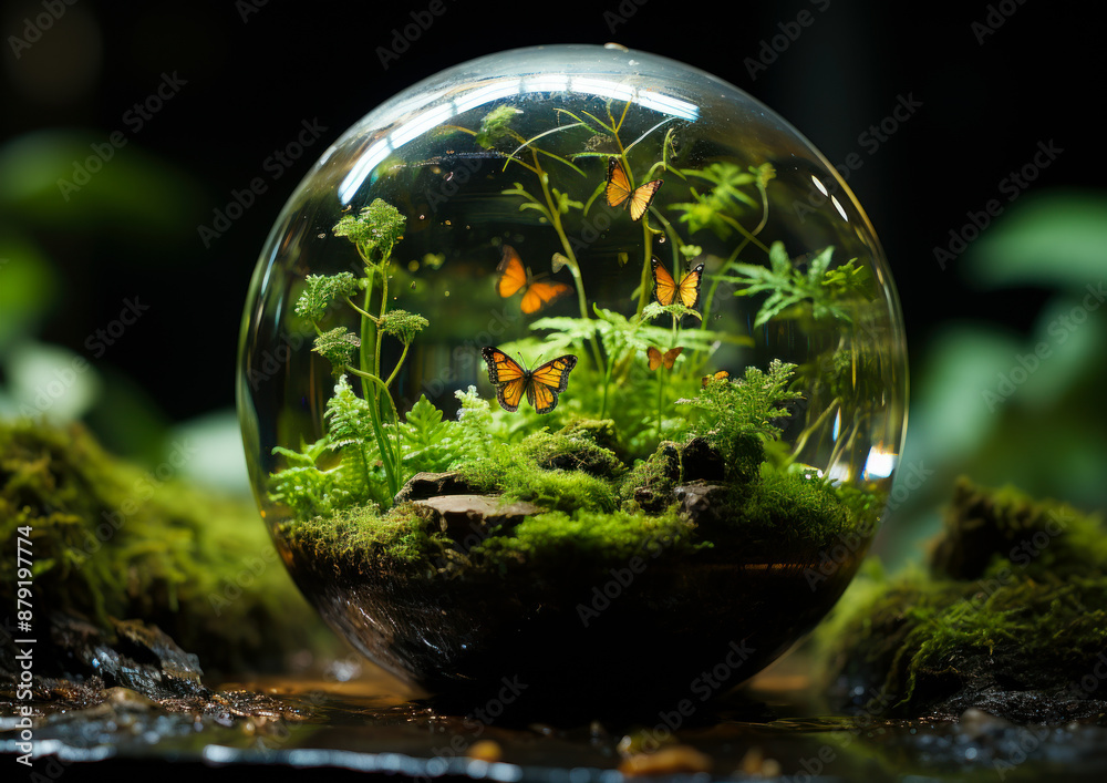 A glass ball with a green plant inside and butterflies on it A glass ball with a green plant inside and butterflies on it
