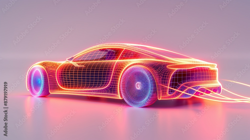 Naklejka premium Model of a car with neon lighting on gradient background