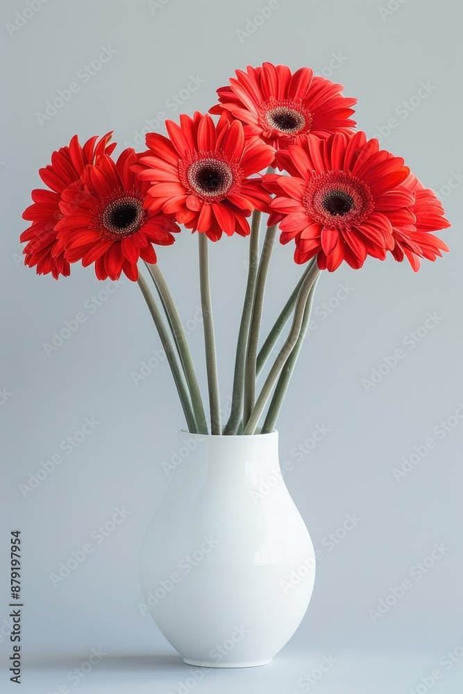 A white vase with vibrant red gerbera daisies A white vase with vibrant red gerbera daisies