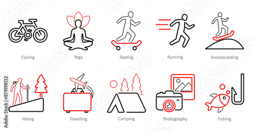 A set of 10 hobby icons as cycling, yoga, skating