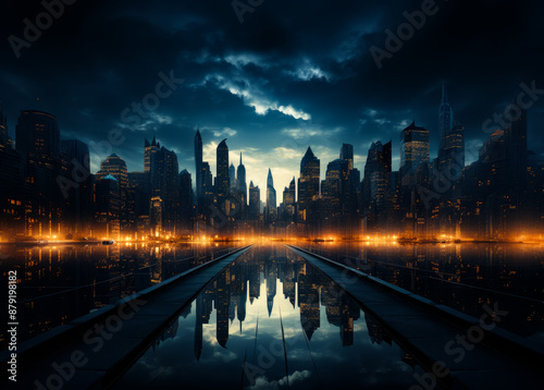 A city skyline is reflected in the water. The sky is dark and cloudy. The city is lit up at night