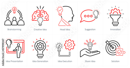 A set of 10 idea icons as brainstorming, creative idea, head idea