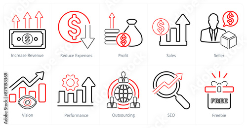 A set of 10 increase sale icons as increase revenue, reduce expenses, profit