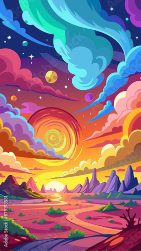 Colorful sunset painting over desert with mountains and clouds