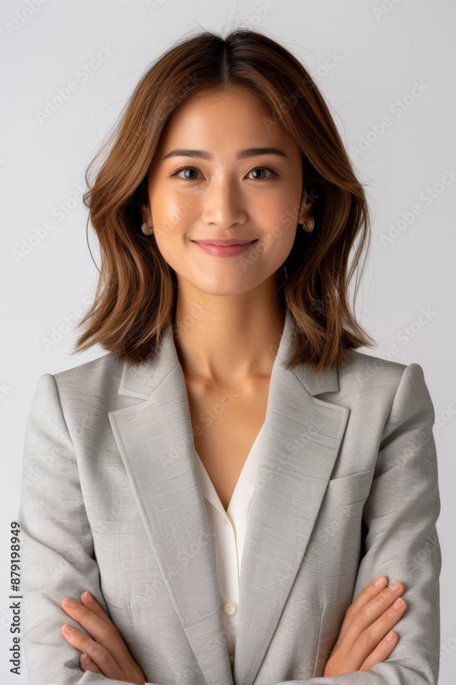Confident businesswoman in a gray suit with folded arms, smiling warmly while standing against a plain background. Confident businesswoman in a gray suit with folded arms, smiling warmly while standing against a plain background.
