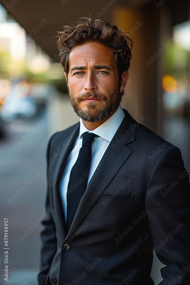 Fototapeta premium Confident businessman in formal attire stands on urban street; daytime background with slight blur emphasizing focus on the subject.