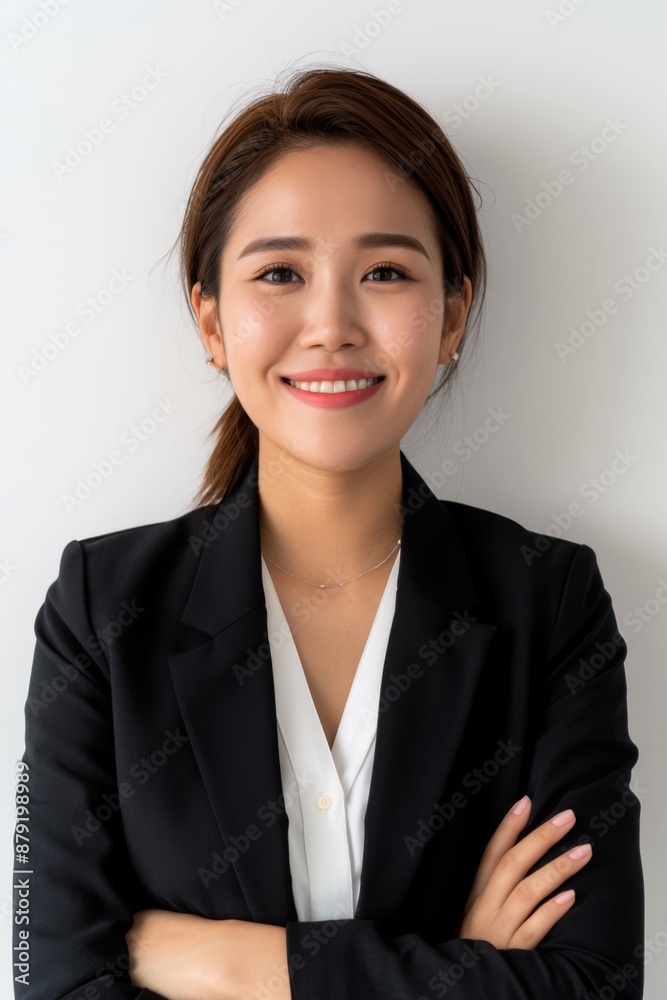Confident businesswoman with crossed arms smiling, wearing a black blazer and white blouse. Professional corporate portrait on a white background. Confident businesswoman with crossed arms smiling, wearing a black blazer and white blouse. Professional corporate portrait on a white background.