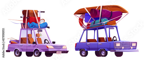 Car with luggage on roof for family vacation travel. Cartoon vector illustration set of cute automobile with suitcases and boat, sport inventory and fishing rod for summer holiday trip by road.