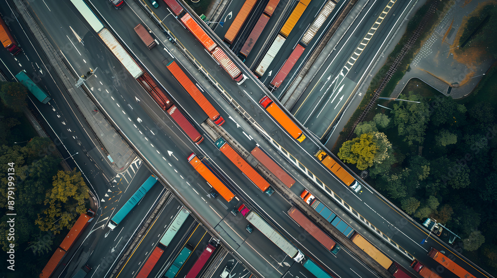 Aerial view of highway interchange with freight trucks and vehicles Aerial view of highway interchange with freight trucks and vehicles