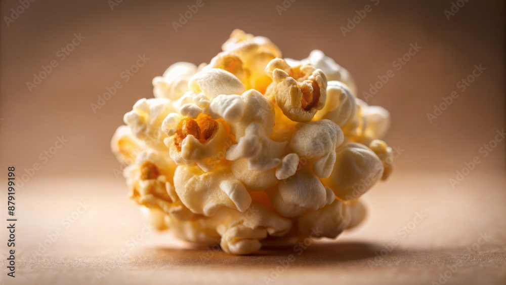 Close-up shot of a single, fluffy, freshly popped kernel of natural, additive-free popcorn against a blurred, neutral-colored background. Close-up shot of a single, fluffy, freshly popped kernel of natural, additive-free popcorn against a blurred, neutral-colored background.