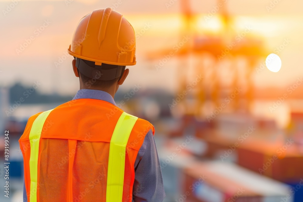 Silhouette of a logistic worker wearing a safety vest and helmet, logistic operations, safety in logistics Silhouette of a logistic worker wearing a safety vest and helmet, logistic operations, safety in logistics