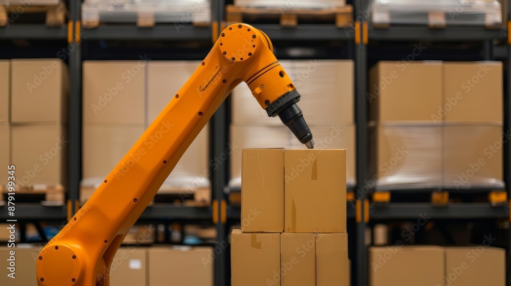Silhouette of a robotic arm stacking boxes, logistic operations, automation in warehouses Silhouette of a robotic arm stacking boxes, logistic operations, automation in warehouses