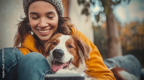 Amor a los perros, una joven bella hace video llamada donde muestra a su perro a sus familiares lejanos. Concepto de amor y cariño hacia las mascotas. photo