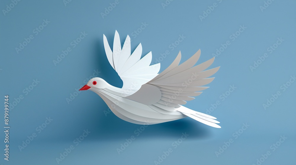 Obraz premium Minimal style 2D paper crafts art of a white dove carrying a peace banner Stock Photo with copy space