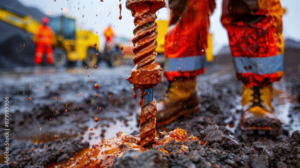 Close-up of construction workers operating a drill in muddy conditions on a job site, demonstrating heavy industry and labor. Close-up of construction workers operating a drill in muddy conditions on a job site, demonstrating heavy industry and labor.