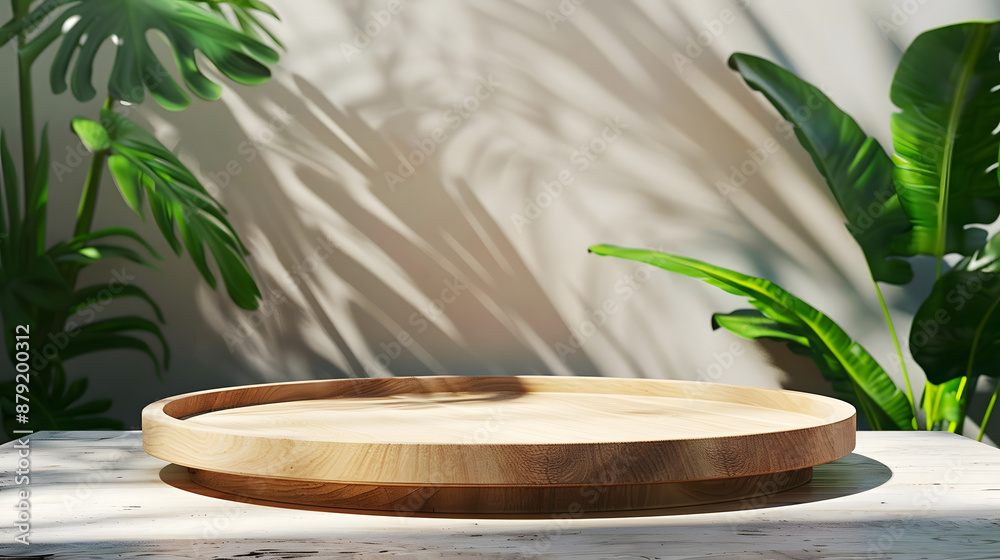Beautiful round wooden empty podium with space for a product with plant elements Beautiful round wooden empty podium with space for a product with plant elements