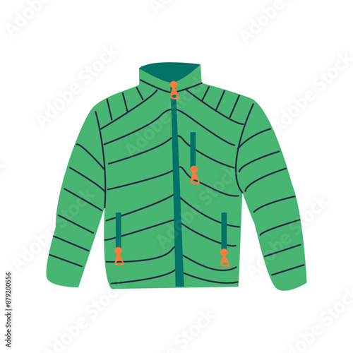 UNISEX WEAR PUFFER PADDED JACKET WINTER WEAR VECTOR ILLUSTRATION HIKING ,CAMPING AND OTHER OUTDOOR ACTIVITY. FLAT DOODLE DESIGN ISOLATE ON WHITE , WARM GREEN JAKET