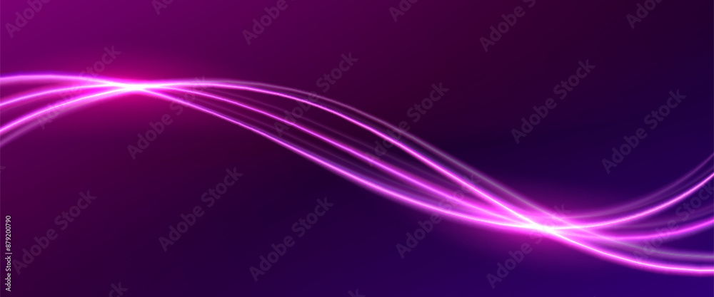 Pink neon wave line with light glow effect on dark background. Abstract vector bg with curve magic energy streak. Wavy bright sparkle laser fiber. Realistic futuristic technology dynamic shape. Pink neon wave line with light glow effect on dark background. Abstract vector bg with curve magic energy streak. Wavy bright sparkle laser fiber. Realistic futuristic technology dynamic shape.