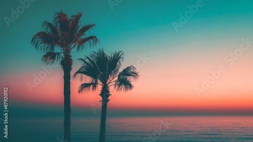Serene sunset view with silhouetted palm trees against a colorful sky over the calm ocean © Pemika