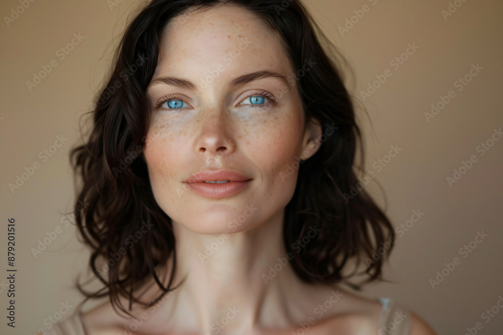 A portrait of an attractive woman in her late thirties with medium-length dark brown hair, wearing no makeup and a natural expression on her face. She has blue eyes and is standing against a beige bac A portrait of an attractive woman in her late thirties with medium-length dark brown hair, wearing no makeup and a natural expression on her face. She has blue eyes and is standing against a beige bac