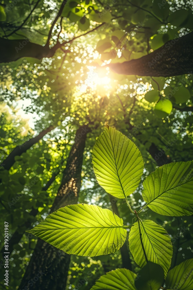 Obraz premium Beautiful green leaves with sunlight in forest background