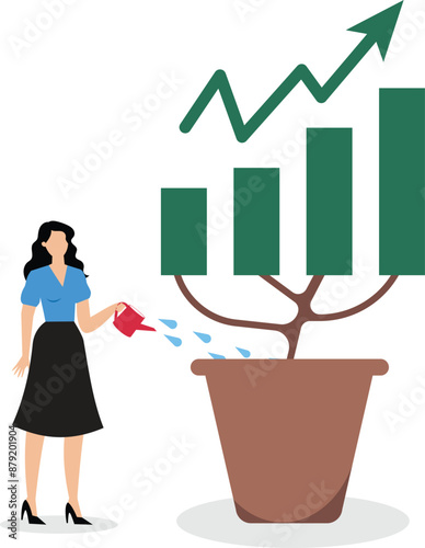 Grow business, growth or increase revenue income, personal development, growth mindset or investment profit, prosperity concept, businesswoman watering seedling plant with growing green growth arrow