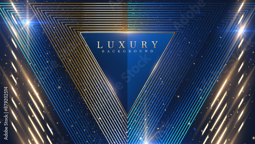 Futuristic Blue Background in a Luxurious Style, Featuring a Main Golden Triangular Frame Adorned with Glowing Light Effects. Space Available for Displaying Products or Promotional Text.
