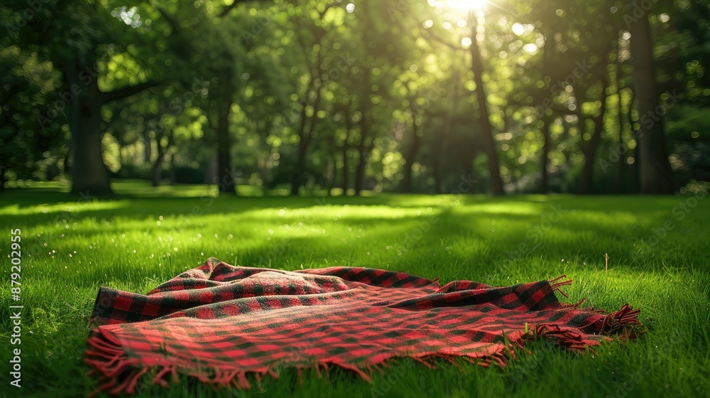 Picnic blanket spread out on green grass Picnic blanket spread out on green grass