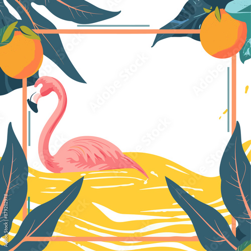Pink flamingo in tropical leaves and oranges for summer design