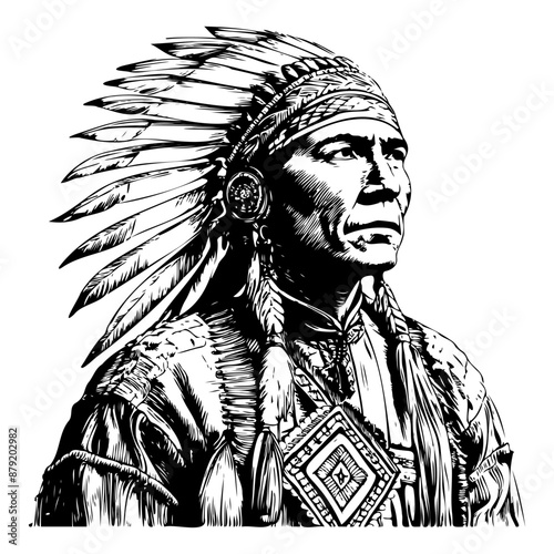 Portrait of a Native American man in traditional chief's clothing in perspective. Intricate vector design in zentangle style with thin lines on transparent background