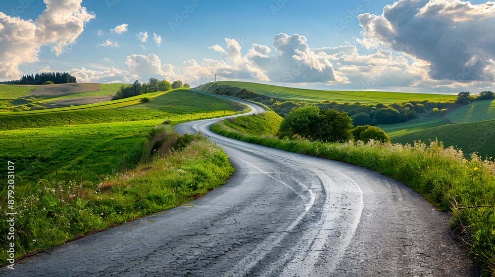 Naklejka premium Well-maintained rural road winding through picturesque countryside
