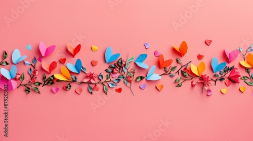 2D paper crafts art depicting a peace banner with olive branches and hearts in minimal style Stock Photo with copy space