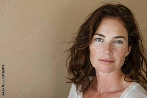 A portrait of an attractive woman in her late thirties with medium-length dark brown hair, wearing no makeup and a natural expression on her face. She has blue eyes and is standing against a beige bac