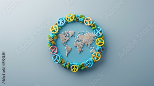 Cartoon globe with peace signs surrounding it in a minimal style Stock Photo with copy space