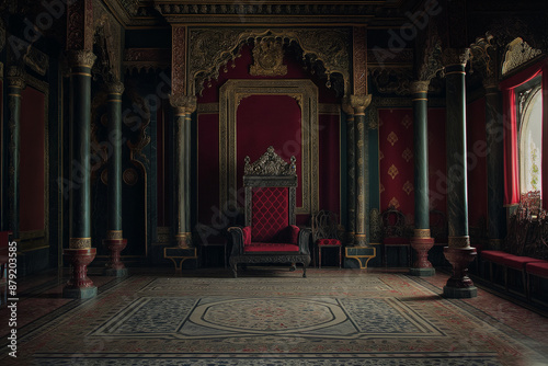 the majestic throne in the castle, interior of a royal throne in a dark castle, generative ai