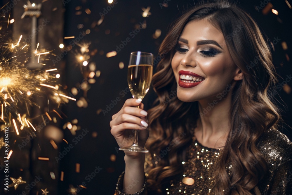 A party. A happy girl in a festive dress with a glass of champagne, surrounded by golden confetti and sequins. The concept of birthday and New Year celebrations. Close-up. A party. A happy girl in a festive dress with a glass of champagne, surrounded by golden confetti and sequins. The concept of birthday and New Year celebrations. Close-up.