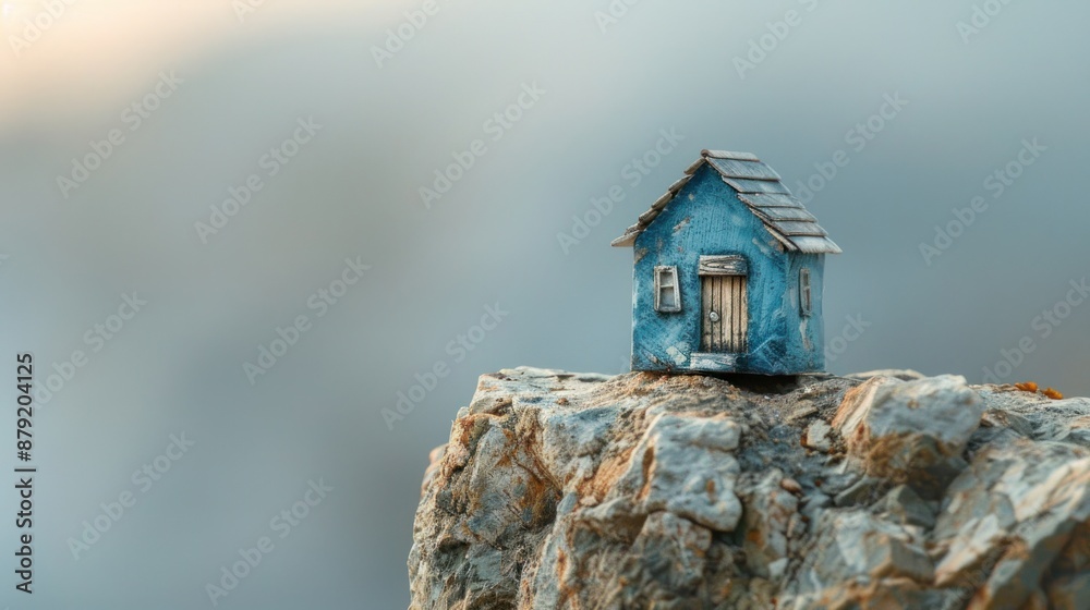 A Tiny Blue House Stands Alone on a Rocky Outcrop A Tiny Blue House Stands Alone on a Rocky Outcrop