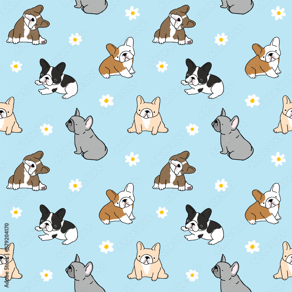 Seamless Pattern with Cartoon French Bulldog and Flower Design on Light Blue Background