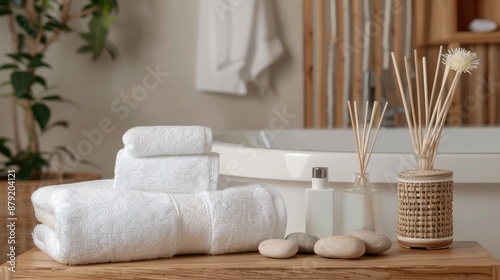 A white ceramic sink sits on a counter in a modern bathroom. Three white towels are stacked neatly on a wooden tray in front of the sink. A potted plant sits behind the towels