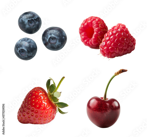 Collection of berries isolated transparent background. Including blueberries, raspberries, strawberry, and cherry. Clipart for food packaging, recipe book and healthy eating promotion.