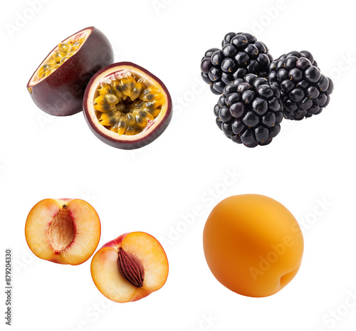 Fruits set isolated transparent background. Including passion fruit, blackberries, peach, and apricot. Clipart for food packaging, recipe book and healthy eating promotion.