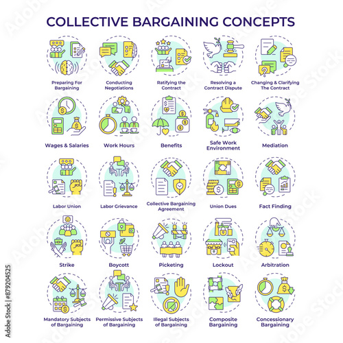 Collective bargaining multi color concept icons. Negotiations process. Labor relations. Employee rights. Labor unions. Icon pack. Vector images. Round shape illustrations. Abstract idea