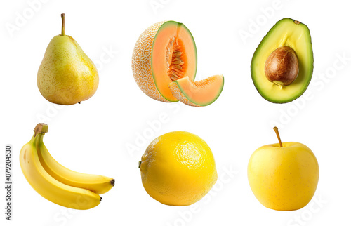 Yellow fruits collection isolated transparent background. Including pear, melon, avocado, bananas, lemon and apple. Clipart for food packaging, recipe book and healthy eating promotion.