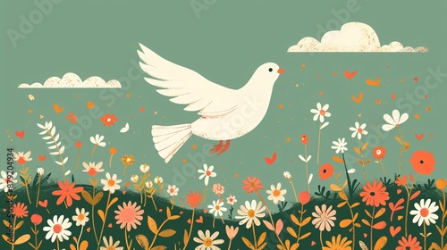 Cartoon white dove flying over a globe with flowers in a minimal illustration Stock Photo with copy space
