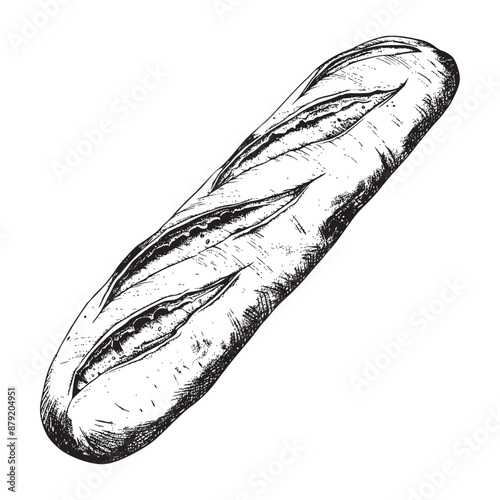 Baguette bread illustration, hand drawn ink drawing of baguette loaf isolated on white background, vector illustrations